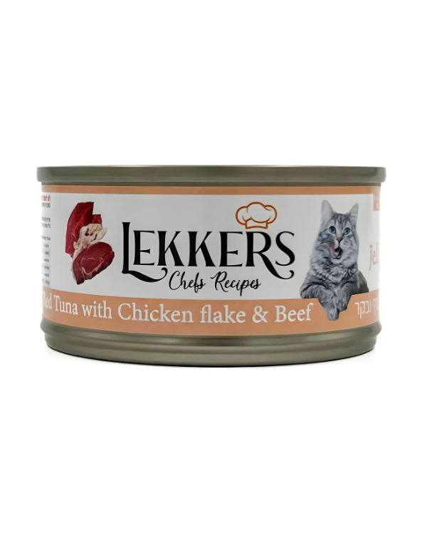 מעדן שימורים לקרס LEKKERS טונה אדומה פתיתי עוף ובקר